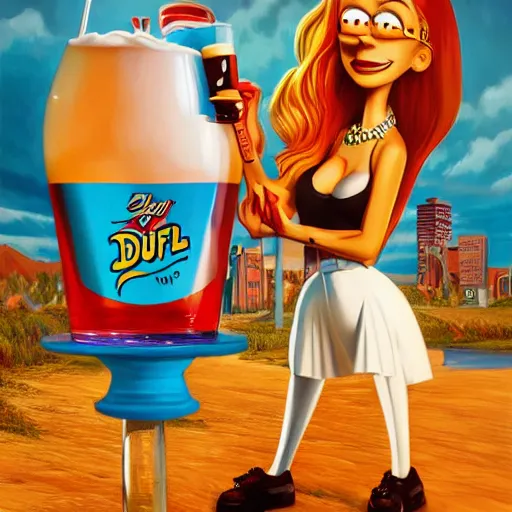 Image similar to Duff beer, marketing product photo, vivid colors, elegant, concept art, sharp focus, digital art, Hyper-realistic, 4K, Unreal Engine, Highly Detailed, HD, Dramatic Lighting by Brom, golden hour, trending on Artstation