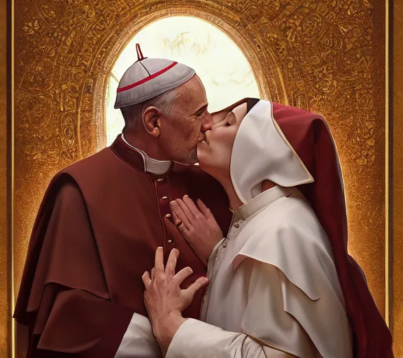 Image similar to photography of a pope kissing the breast of a sensual woman, deep focus, intricate, elegant, highly detailed, digital painting, artstation, concept art, matte, sharp focus, illustration, art by artgerm and greg rutkowski and alphonse mucha