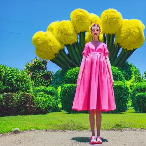 Image similar to giant flower head, full body, girl standing in front of house, surreal, symmetry, mid century, bright colours, blue sky, realistic, wes anderson