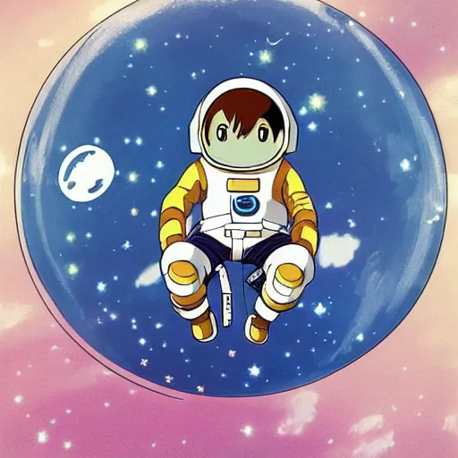 Prompt: an anime astronaut sitting in space, studio ghibli,