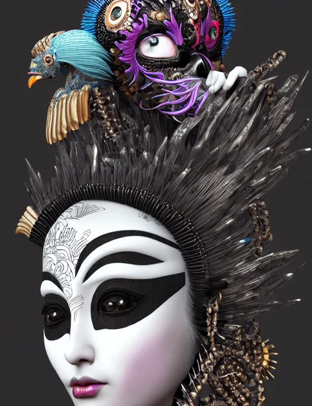 Image similar to 3 d goddess close - up profile portrait punk with mohawk with ram skull. beautiful intricately detailed japanese crow kitsune mask and clasical japanese kimono. betta fish, jellyfish phoenix, bio luminescent, plasma, ice, water, wind, creature, artwork by tooth wu and wlop and beeple and greg rutkowski