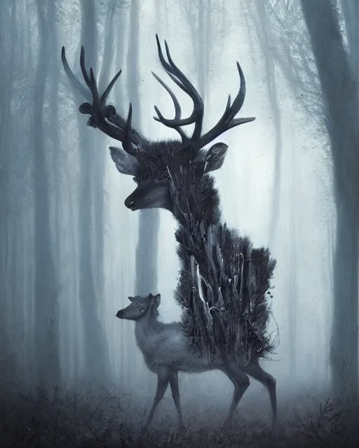 Image similar to oil painting of forest spirit made out of wooden sticks with a deer skull for a face, dark forest, fog, dark fantasy, gloomy, pale colors, by greg rutkowski