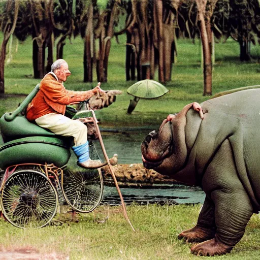 Prompt: a 3 5 mm photography, kodachrome colour, of grandpa with michelin man costume riding a hippo with strange creatures and alien plants inspired by bosch but in the real life, photos taken by martin parr