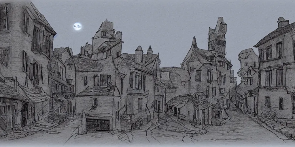 Prompt: ufo's invading a medieval town, view from the street, concept art