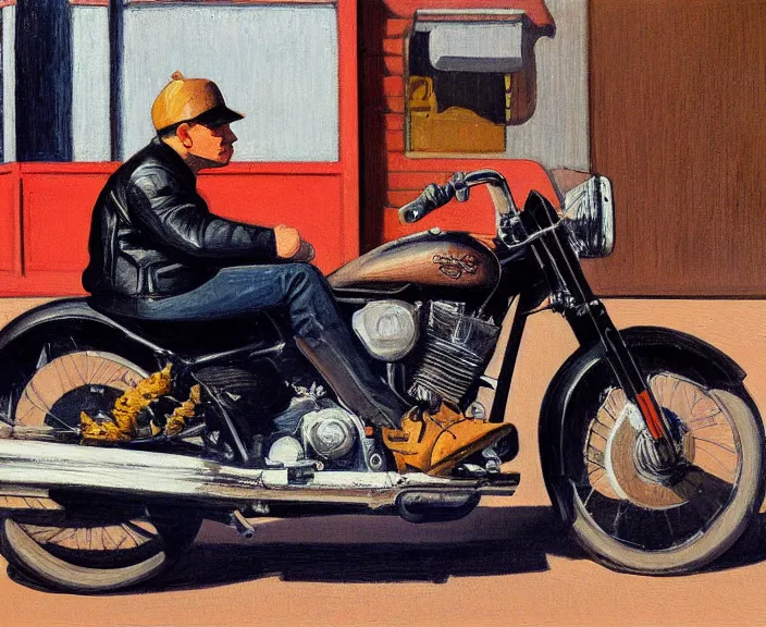 Image similar to a very detailed painting of a man wearing a leather jacket, riding a motorbike, harley davidson motorbike, front view, very fine brush strokes, in the style of edward hopper and grant wood and syd mead, 4 k,