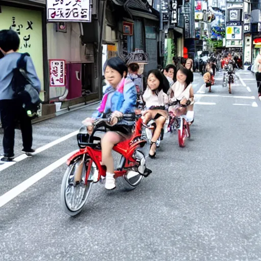 Image similar to tiny little cute dragons riding a bike in the streets of tokyo