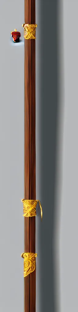 Prompt: picture of a single wooden long straight thin ninja fighting staff with small ornaments, weapon, highlight, centred, symmetric, sci - fi, fantasy, dnd, close shot, bright uniform background, award winning