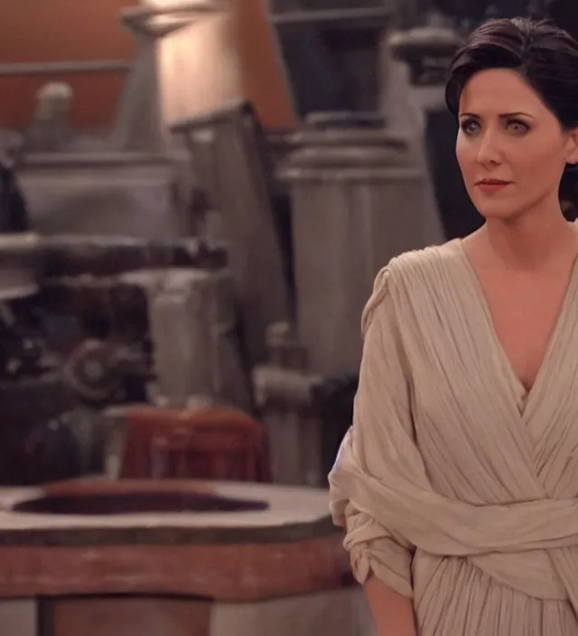 Image similar to beautiful monica from friends in star wars, movie still frame, hd, remastered, cinematic lighting