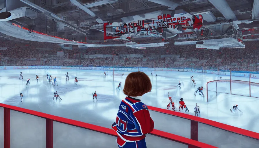Image similar to Girl admiring habs ice hockey rink from luxurious suite, hyperdetailed, artstation, cgsociety, 8k