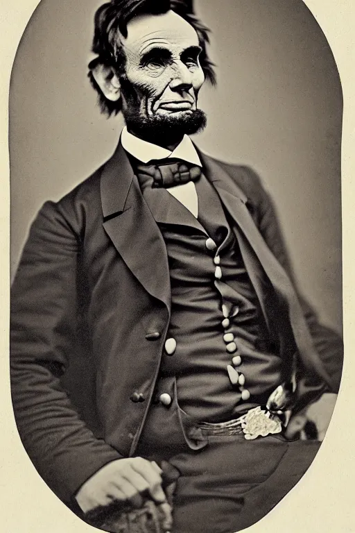 Prompt: abraham lincoln wearing a confederate uniform, portrait, full body, symmetrical features, silver iodide, 1 8 8 0 photograph, sepia tone, aged paper, sergio leone, master prime lenses, cinematic