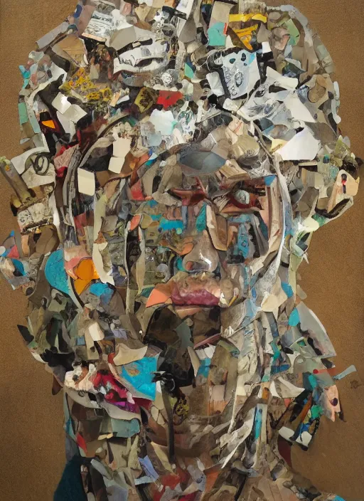 Image similar to a man with a moth mask, cardboard and scotch tape, chain, collage, acrylic on canvas, expressionism movement, breathtaking detailed, by blake neubert