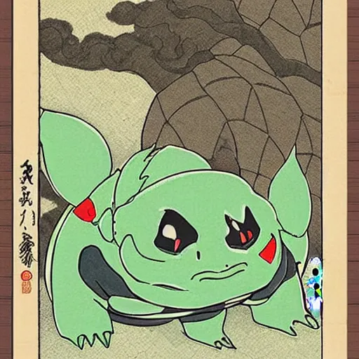 Prompt: Beautiful Block painting Ukiyo-e of a bulbasaur