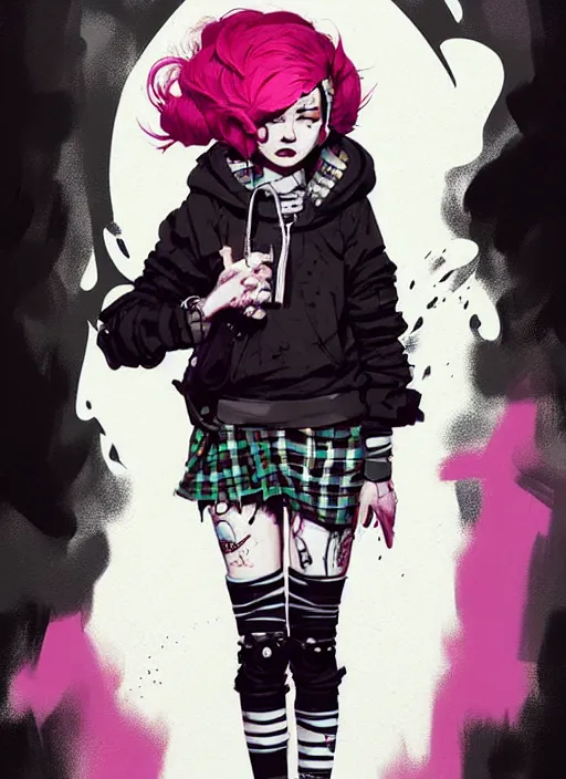 Image similar to highly detailed portrait of a sewer punk lady, tartan hoody, blonde ringlet hair by atey ghailan, by greg rutkowski, by greg tocchini, by james gilleard, by joe fenton, by kaethe butcher, gradient magenta, black, blonde cream and white color scheme, grunge aesthetic!!! ( ( graffiti tag wall background ) )