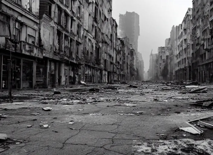 Prompt: a devastated city in pale colors, slightly blue sky, broken windows and empty streets