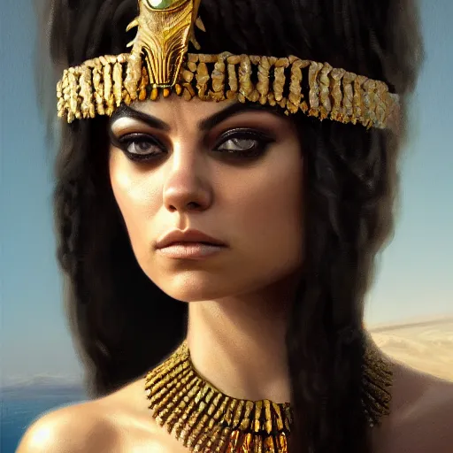 Image similar to closeup portrait of mila kunis as cleopatra, palace background, dramatic light, gorgeous view, depth, high detail, digital art, painted by seb mckinnon and greg rutkowski, trending on artstation