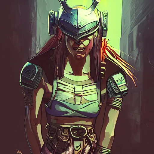 Image similar to cyberpunk viking helmet mask warrior goddess robot ninja fantasy, art gta 5 cover, official fanart behance hd artstation by jesper ejsing, by rhads, makoto shinkai and lois van baarle, ilya kuvshinov, ossdraws