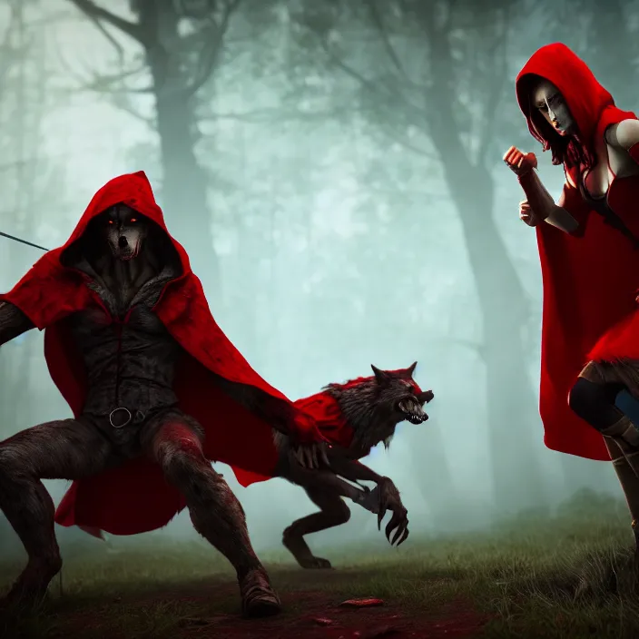 Image similar to beautiful red riding hood warrior confronting a werewolf ,highly detailed, 8k, HDR, award-winning, trending on artstation, octane render