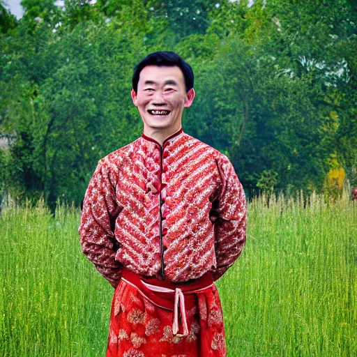 Image similar to surreal photography of smiling kim chen in. kim chen in is wearing traditional - ukrainian folk shirt designed by taras shevchenko.