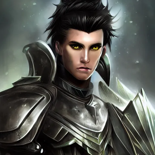 Image similar to male with black hair and green eyes wearing paladin armor, realistic, detailed eyes, detailed, 4k, illustration, muscle, handsome, fantasy