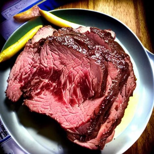 Image similar to chuck roast norris, food photo of chuck norris face on chuck roast