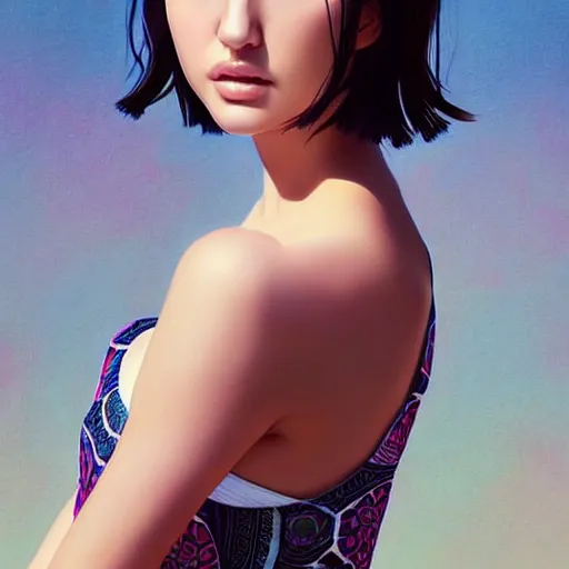 Image similar to a beautiful young japanese natalie portman alluring gravure model, wearing elegant designer tank top, elegant tank top with mesoamerican patterns, by wlop and ilya kuvshinov and artgerm and, aesthetic, gorgeous, stunning, alluring, attractive, artstation, deviantart, pinterest, digital art