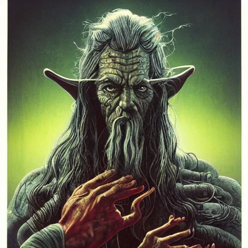 Prompt: gandalf, bloated, fluid, smooth, organic, crazy, bright, colours, tumours, high contrast, sharpness, dramatic, very detailed, intricate, by giger and corben and moebius and beksinski and bosch and bacon