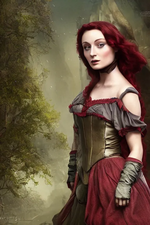 Image similar to matte painting of sophie turner as snow white, by greg rutowski