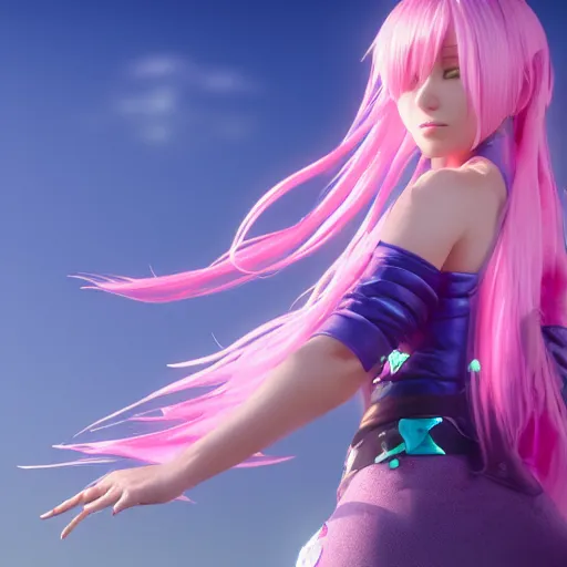 Image similar to taken from an extremely low angle at her feet, stunningly beautiful omnipotent anime goddess with pink hair and mesmerizing cyan eyes, unreal engine 5, 8 k