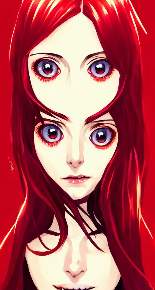 Image similar to beautiful anime vampire girl Alison Brie sharp teeth, red glowing hair, smiling, full body pose, symmetrical face symmetrical eyes, blurry background, Jamie McKelvie comic art, Alexandra Fomina artstation, face by Ilya Kushinov style, style by Loish, Norman Rockwell, painterly style, flat illustration