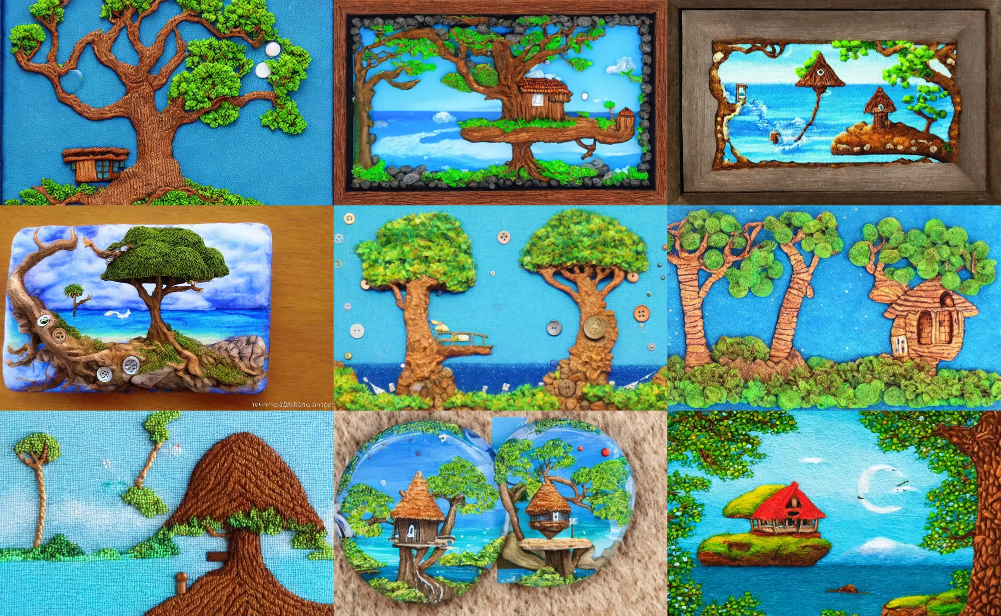 Prompt: button art of a mystical island treehouse on the ocean