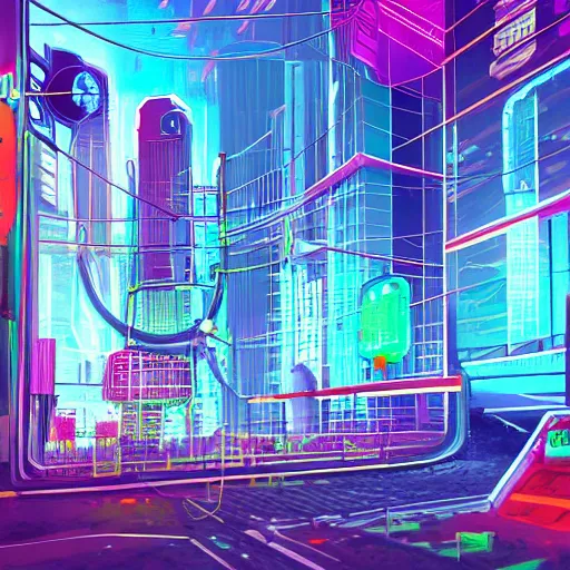 Prompt: city made out of bacteriophage and dna helicase, cyberpunk neon lights, utopian, by farid ghanbari, concept art, colorful, vibrant