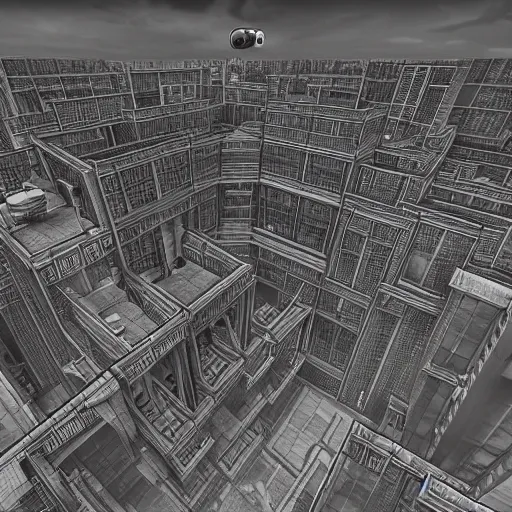 Prompt: a drone flying over a city designed by MC Escher, pen and ink, intricate, unreal engine,