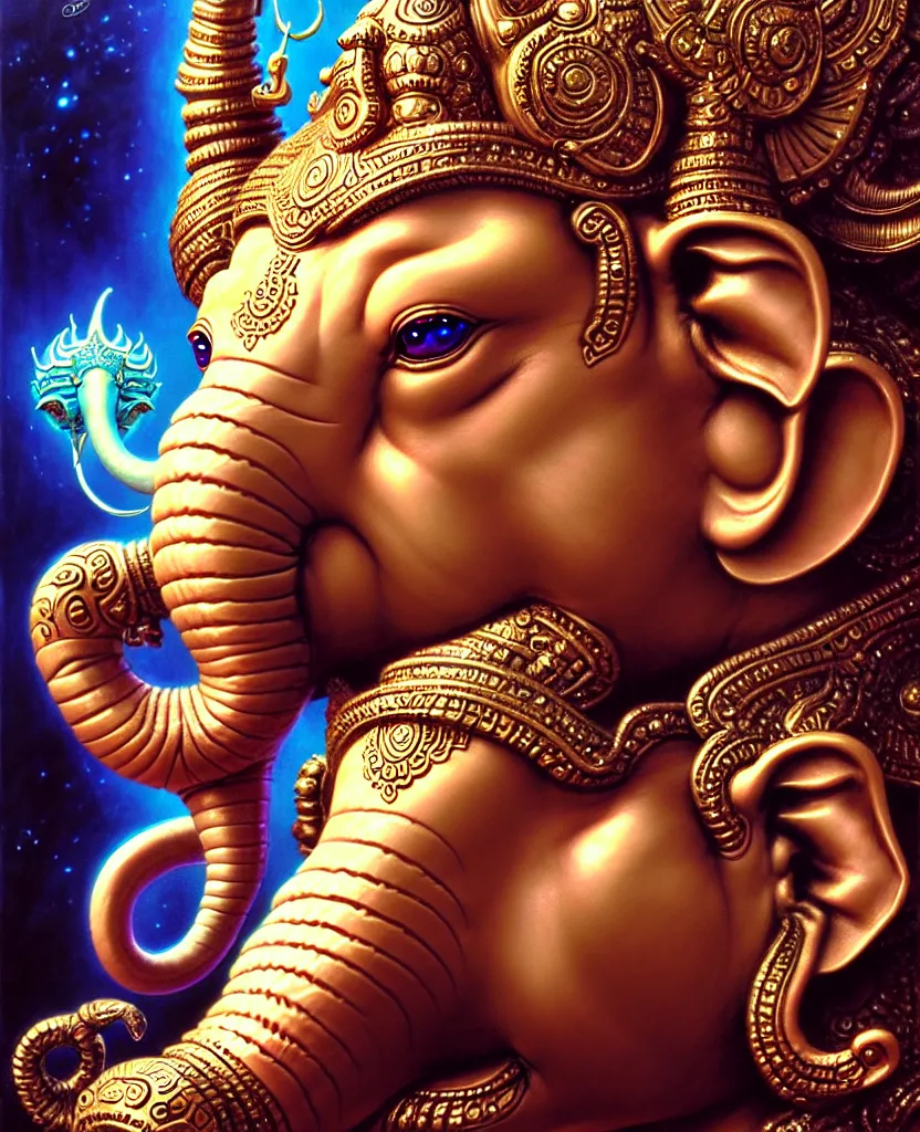 Image similar to beautiful ganesha fantasy character portrait, close - up, headshot, ultra realistic, intricate details, the fifth element artifacts, highly detailed by peter mohrbacher, hajime sorayama, wayne barlowe, boris vallejo, aaron horkey, gaston bussiere, craig mullins