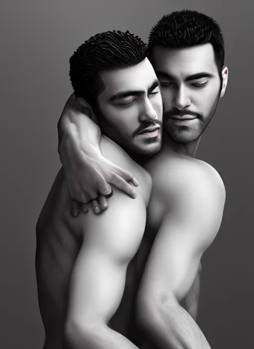 Image similar to photo of two handsome gay men hugging in the style of stefan kostic, realistic, sharp focus, 8 k high definition, insanely detailed, intricate, elegant, art by stanley lau and artgerm