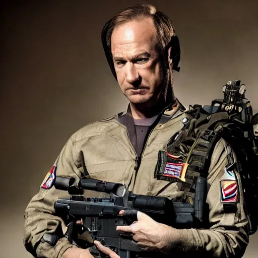 Image similar to Saul Goodman wearing heavy modern military gear and (holding a machine gun), highly detailed, 4k