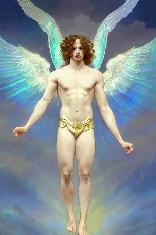 Prompt: fullbody portrait of a beautiful young fit male angel with curly blond hairs, dressed in long fluent clothes, bare feet, majestic symmetrical big dove wings, luminous halo, by greg rutkowski and alphonse mucha, gradient white to gold, in front of an iridescent background, highly detailed portrait, digital painting, artstation, concept art, smooth, sharp focus illustration