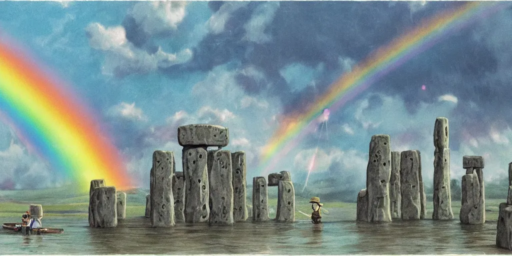 Image similar to a realistic cell - shaded concept art from howl's moving castle ( 2 0 0 4 ) of a rainbow colored cube from close encounters of the third kind ( 1 9 7 7 ) flying over a flooded stonehenge. it is a misty starry night. very dull colors, hd, 4 k, hq