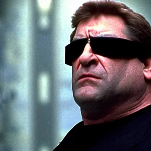 Image similar to john goodman as neo in the matrix movie, realizing he's in the matrix