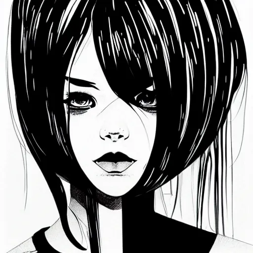 Image similar to an ink drawing of a tech punk girl by ilya kuvshinov, black and white