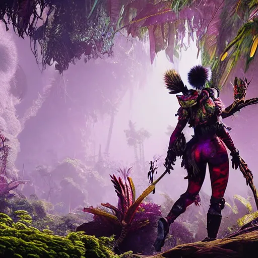 Prompt: explorer woman walking in animal fur armour, walking in a dense alien jungle with colourful red, blue and purple plants, large vines, mossy organic rock structures, in the style of monster hunter world, like concept art on artstation, hyperdetailed, vray render, octane render,