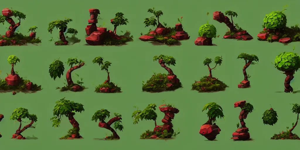 Prompt: game asset of plant and tree, in gouache detailed paintings, props, stylized, 2 d sprites, kitbash, nature, organic, ivy, arcane, prop rocks, overwatch, green, red and brown color scheme, 8 k, close up