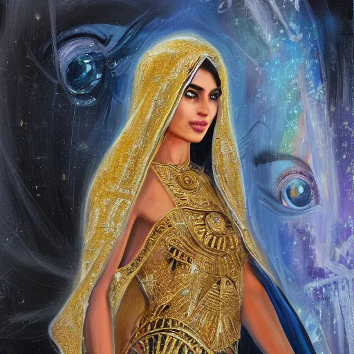 Prompt: beautiful gorgeous pristine arabian Goddess of life with a veil, dark Goddess of artificial intelligence creating an artificial neural network with gold synapses on an anvil with her scythe, high resolution, award winning art, trending on art station, sharp image, incredibly detailed, detailed character, realistic painting, hyper-realistic painting, coherent painting, master piece by ramon y cajal