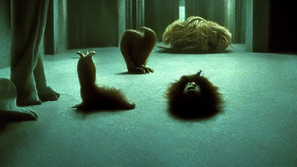Image similar to the strange creature under the floor, we hear it at night, film still from the movie directed by denis villeneuve and david cronenberg with art direction by salvador dali