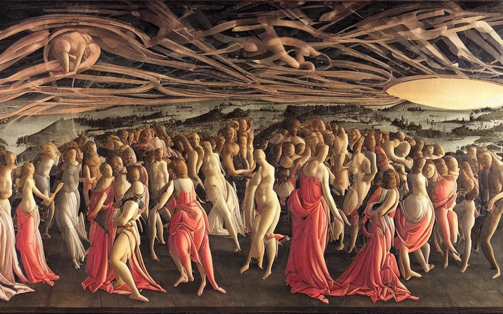 Image similar to sandro botticelli. very soft, delicate light. venus but dancefloor in underground club. in the middle is a little platform, people dancing around it. disco lights. fog. colorful and moody. sun is already rising. detailed brush strokes. 6 am.