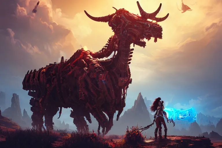 Image similar to grimhorn fanghorn machine mecanical creature robot of horizon forbidden west horizon zero dawn bioluminiscence global illumination ray tracing hdr fanart arstation by ian pesty and alena aenami artworks in 4 k