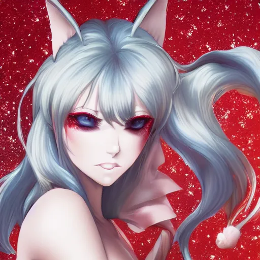 Image similar to kitsune woman nekomimi fancy haircut, full body, intrincate, red and white, glitter, depth of field, 8k, hyper detailed, realistic, trending on artstation