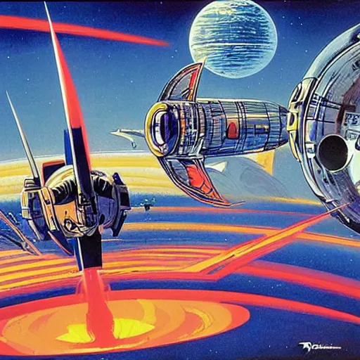 Prompt: movie poster of a retro alien spaceport by Robert McCall