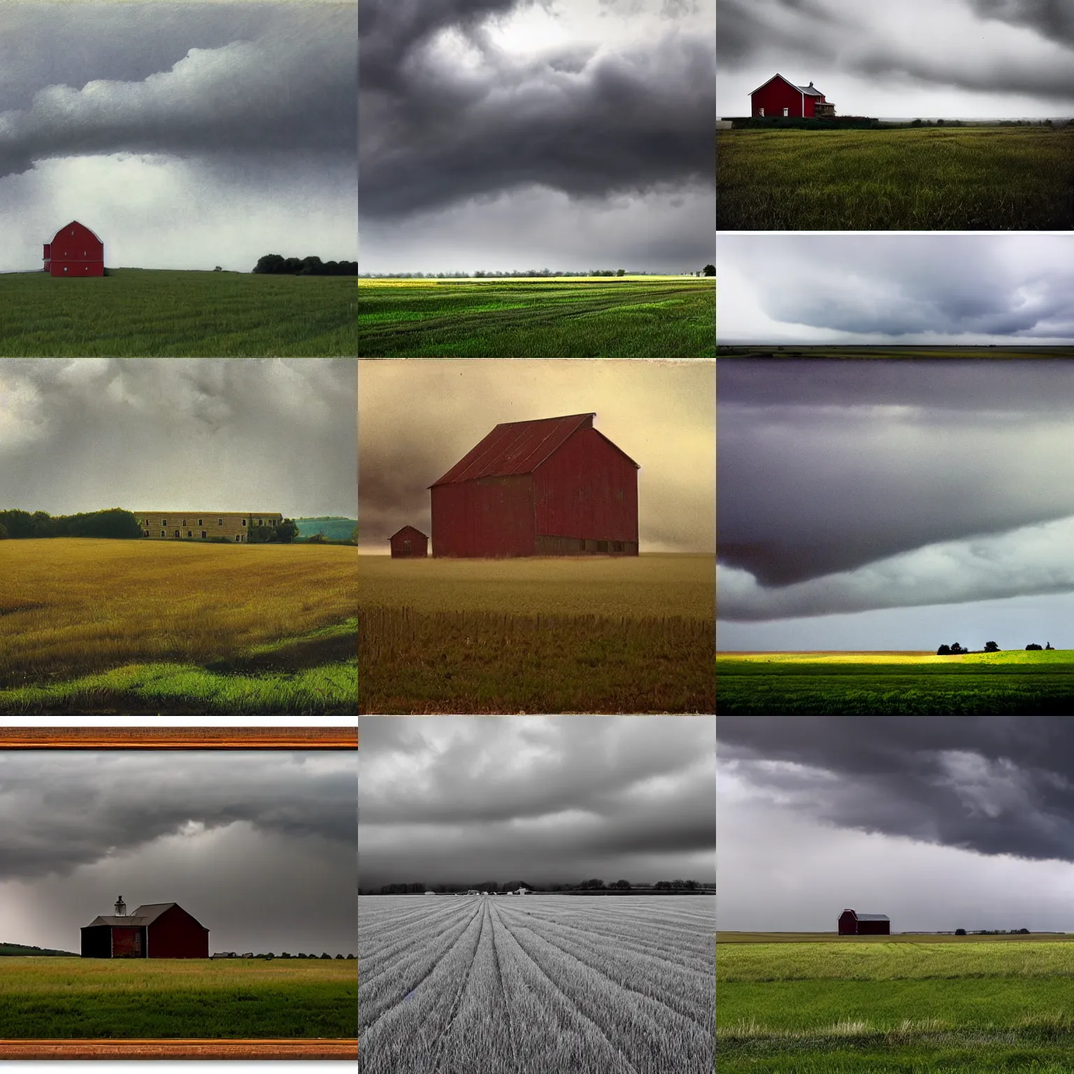 Prompt: a wide angle landscape by rockwell, boarded up farm house! clear distinct misty ominous, storm clouds