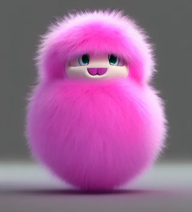 Image similar to high quality 3 d render hyperrealistic very cute big pink little spherical creature, plush mascot, short spiky dense fluffy smooth hair, isometric 3 d, pink fluffy fur, 1 5 0 mm, beautiful natural soft light, rim light, smooth background, artstation, ultra detailed, elegant, ultra detailed, metallic armor, octane render