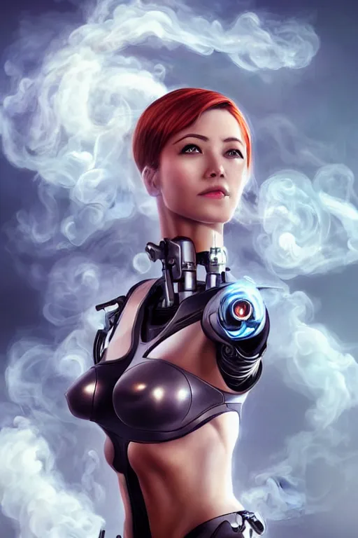 Image similar to a (cyborg) woman floats in the air surrounded by a mechanical hand-shaped cloud of smoke by Artgerm